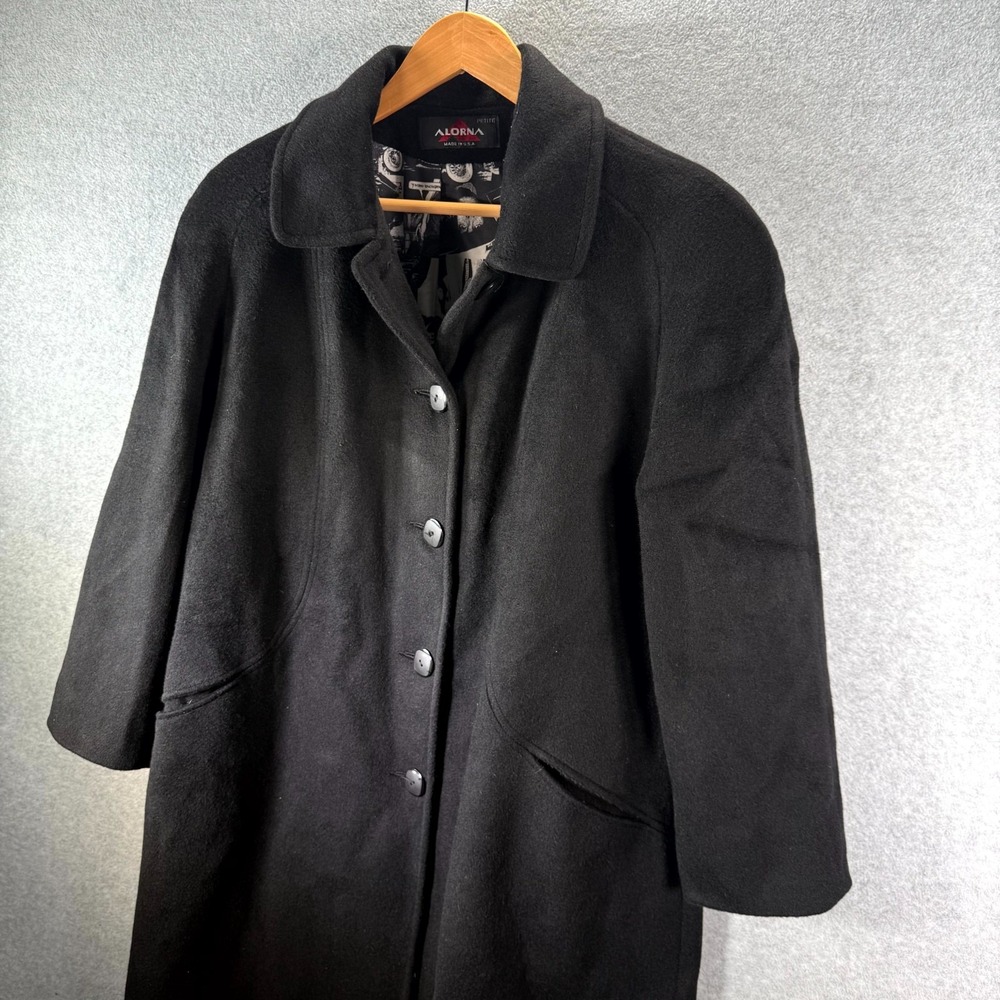 Alorna Long Coat Women's M/L Black Super Fine Wool Blend Collared Button Front - Picture 6 of 13